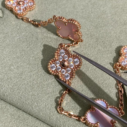 [ELAN LUXE]CLOVER 10 MOTIFS DIAMOND PINK MOP NECKLACE