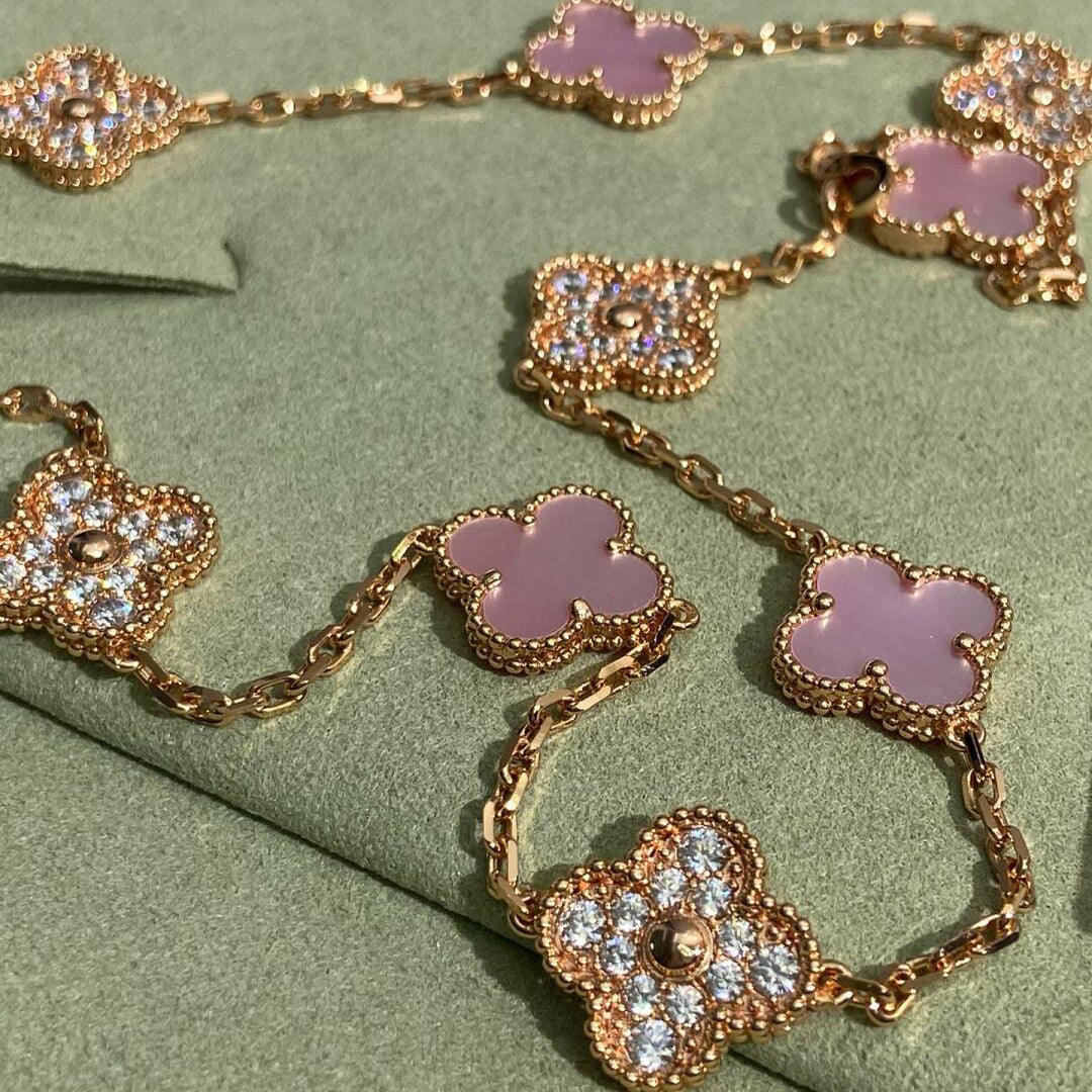 [ELAN LUXE]CLOVER 10 MOTIFS DIAMOND PINK MOP NECKLACE