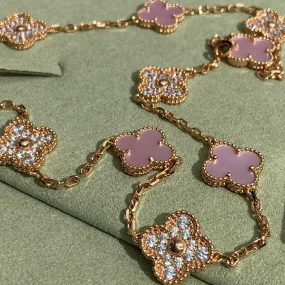 [ELAN LUXE]CLOVER 10 MOTIFS DIAMOND PINK MOP NECKLACE