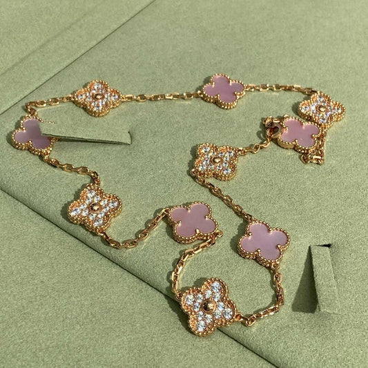 [ELAN LUXE]CLOVER 10 MOTIFS DIAMOND PINK MOP NECKLACE
