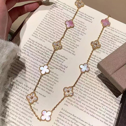 [ELAN LUXE]CLOVER 10 MOTIFS DIAMOND PINK MOP NECKLACE