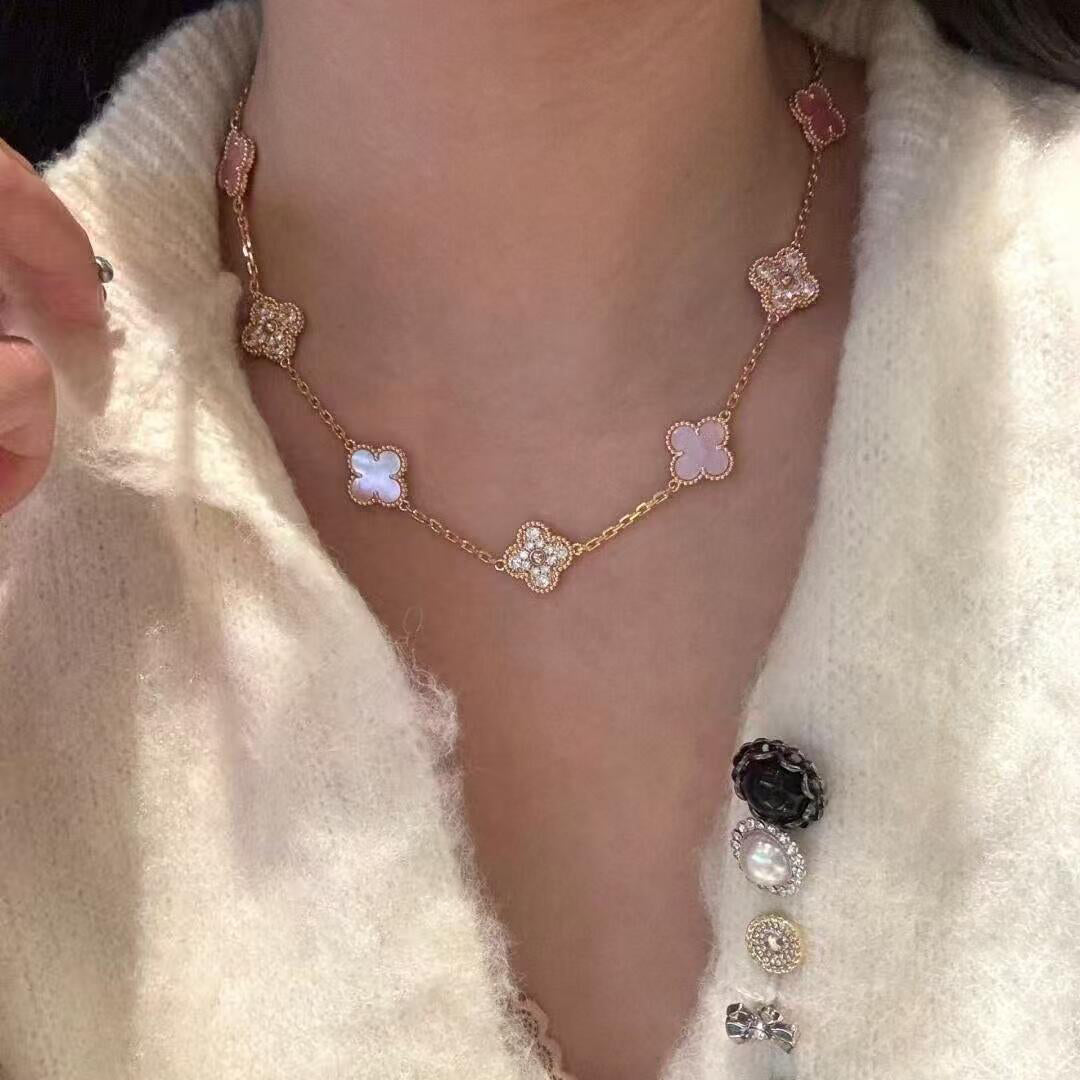 [ELAN LUXE]CLOVER 10 MOTIFS DIAMOND PINK MOP NECKLACE