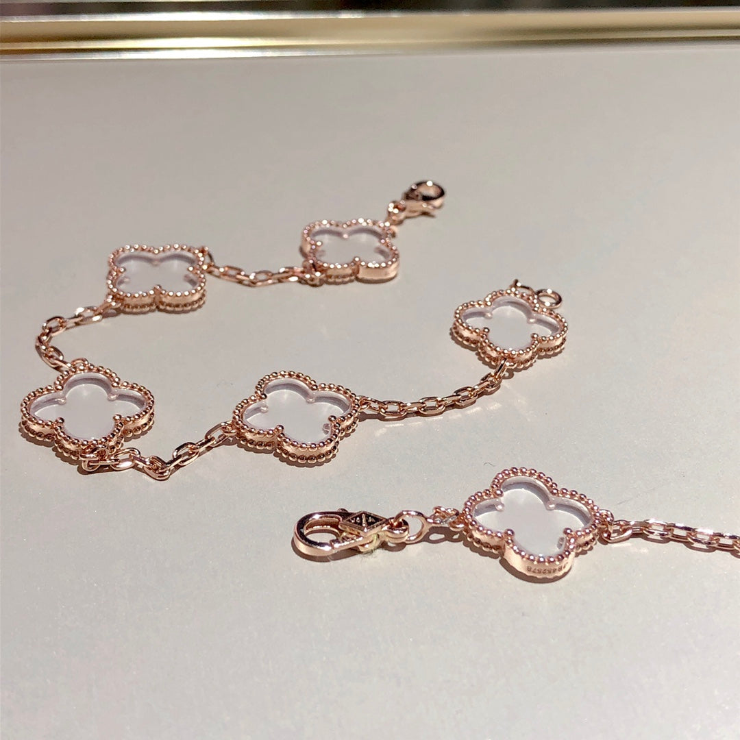 [ELAN LUXE]CLOVER 5 MOTIF ROCK CRYSTAL PINK GOLD BRACELET