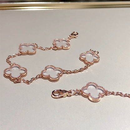 [ELAN LUXE]CLOVER 5 MOTIF ROCK CRYSTAL PINK GOLD BRACELET