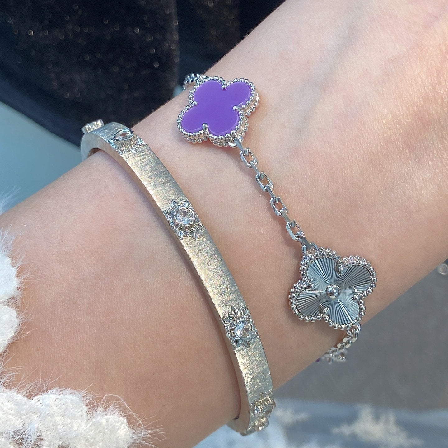 [ELAN LUXE]CLOVER  5 MOTIFS  PURPLE VIOLET BRACELET SILVER