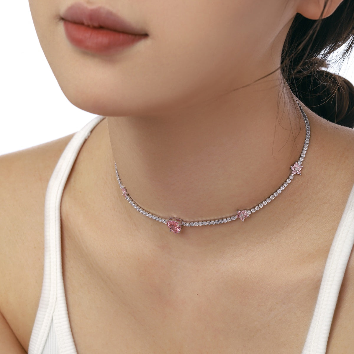 [ELAN LUXE]Dazzling Pink Heart Flower Necklace