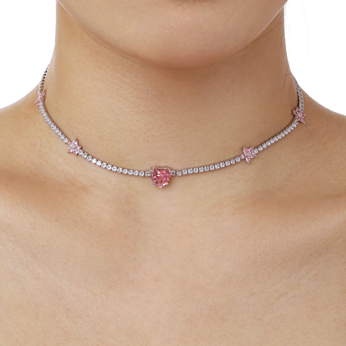[ELAN LUXE]Dazzling Pink Heart Flower Necklace