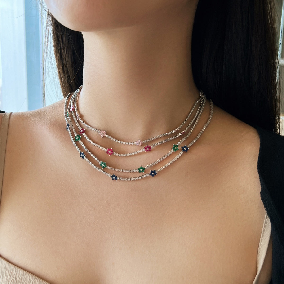 [ELAN LUXE]Luxurious Colorful Flower Tennis Necklace