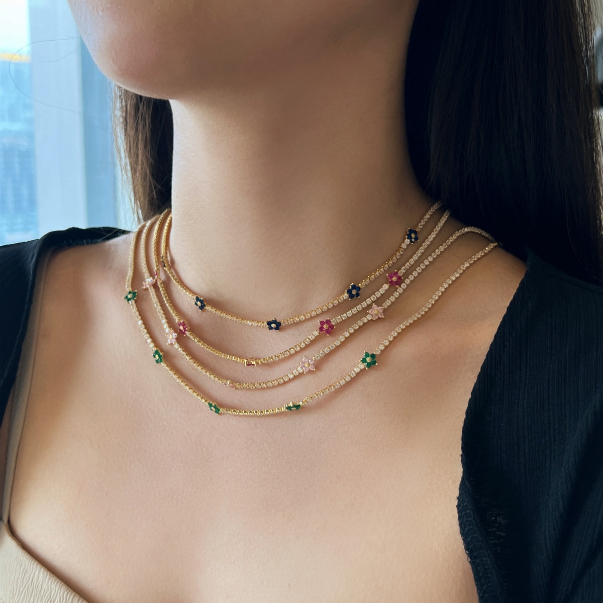 [ELAN LUXE]Luxurious Colorful Flower Tennis Necklace