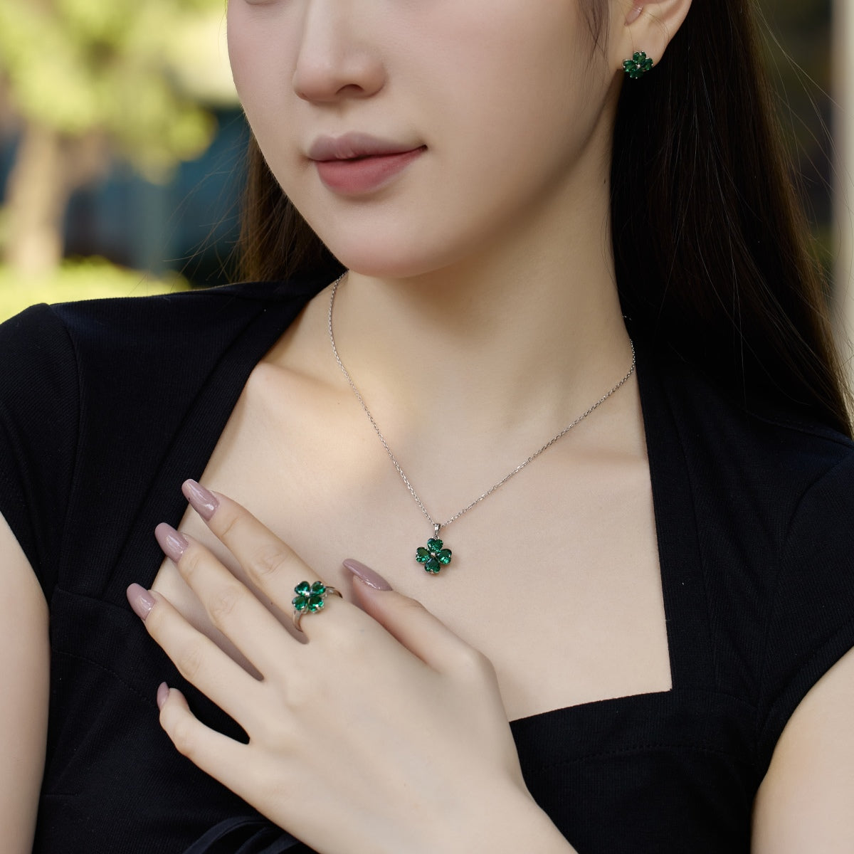 [ELAN LUXE]Heart-shaped Four-Leaf Clover Ball Ring