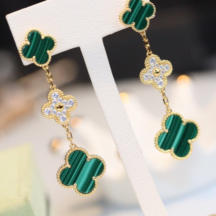 [ELAN LUXE]CLOVER EARRINGS GOLD MALACHITE DIAMOND 3 MOTIF