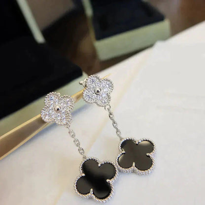 [ELAN LUXE]CLOVER 2 MOTIFS  DIAMOND ONYX EARRINGS SILVER