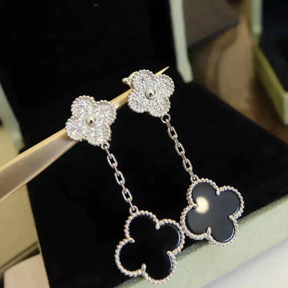 [ELAN LUXE]CLOVER 2 MOTIFS  DIAMOND ONYX EARRINGS SILVER
