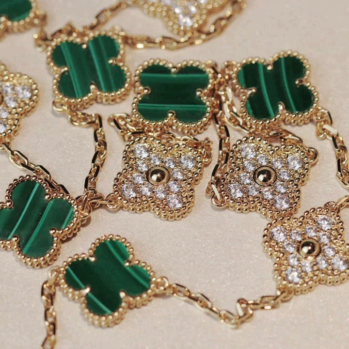 [ELAN LUXE]CLOVER 20 MOTIFS MALACHITE DIAMOND NECKLACE