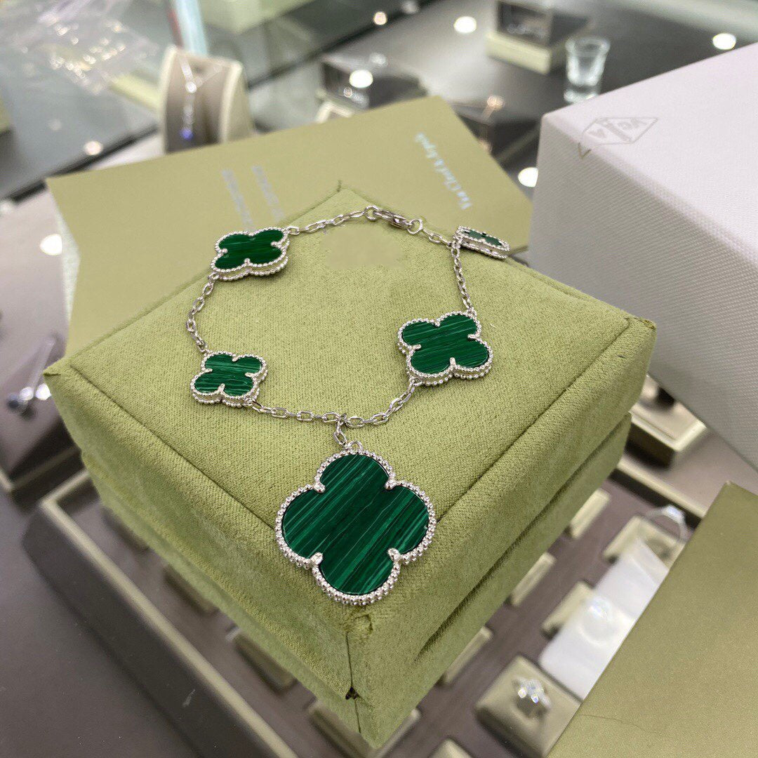 [ELAN LUXE]CLOVER 5 MOTIFS SIVLER MALACHITE BRACELET