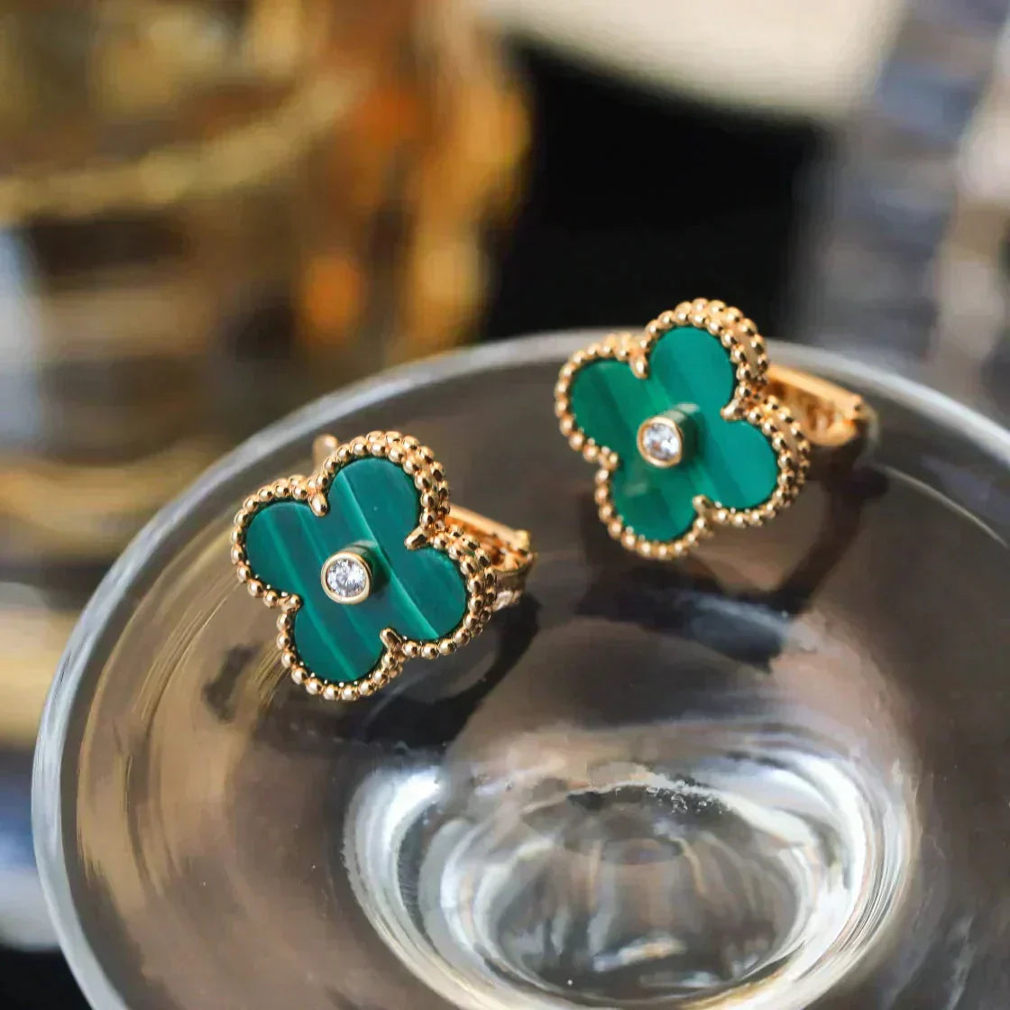 [ELAN LUXE]CLOVER MEDIUM 1 MOTIFS MALACHITE DIAMOND EARRINGS