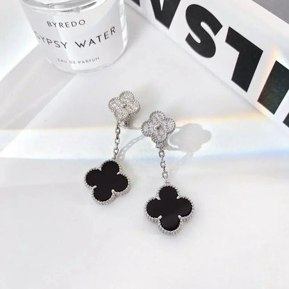 [ELAN LUXE]CLOVER 2 MOTIFS  DIAMOND ONYX EARRINGS SILVER