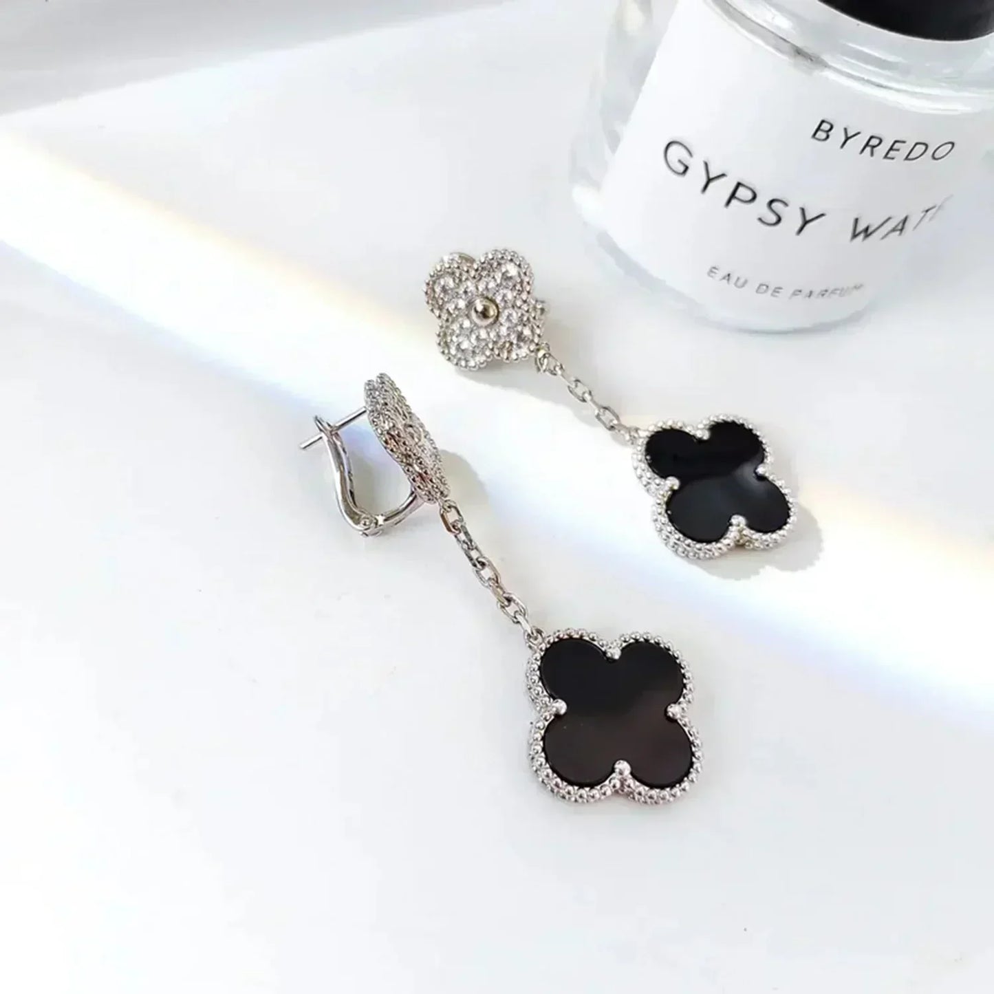 [ELAN LUXE]CLOVER 2 MOTIFS  DIAMOND ONYX EARRINGS SILVER