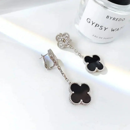 [ELAN LUXE]CLOVER 2 MOTIFS  DIAMOND ONYX EARRINGS SILVER