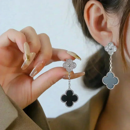 [ELAN LUXE]CLOVER 2 MOTIFS  DIAMOND ONYX EARRINGS SILVER