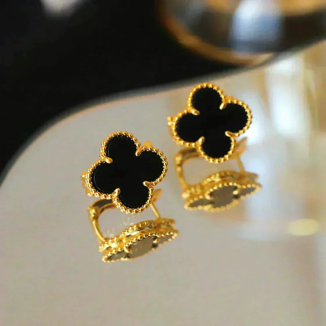 [ELAN LUXE]CLOVER MEDIUM 1 MOTIFS  ONYX STUD EARRINGS