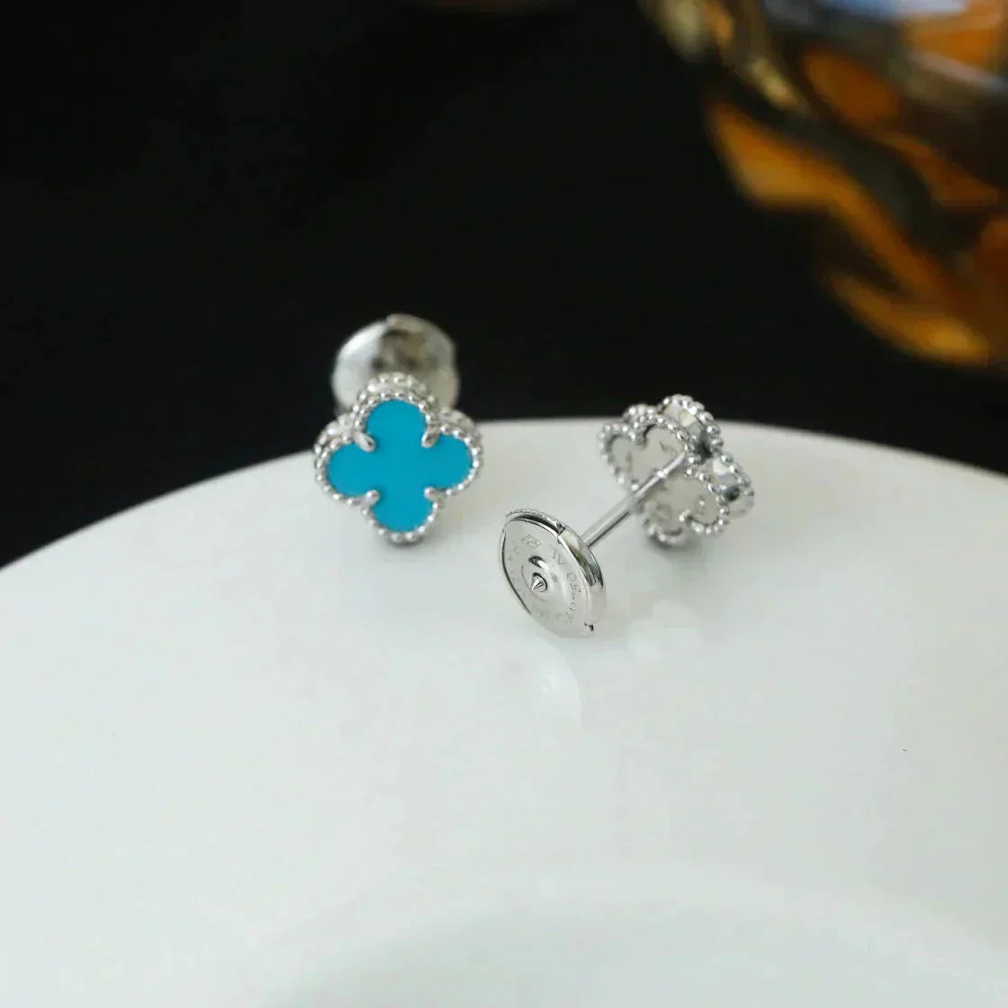 [ELAN LUXE]CLOVER MINI 9.5MM ONYX STUD EARRINGS SILVER