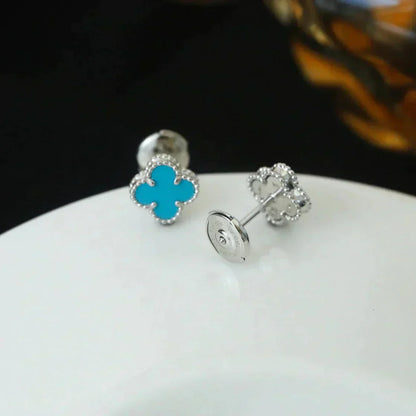 [ELAN LUXE]CLOVER MINI 9.5MM ONYX STUD EARRINGS SILVER