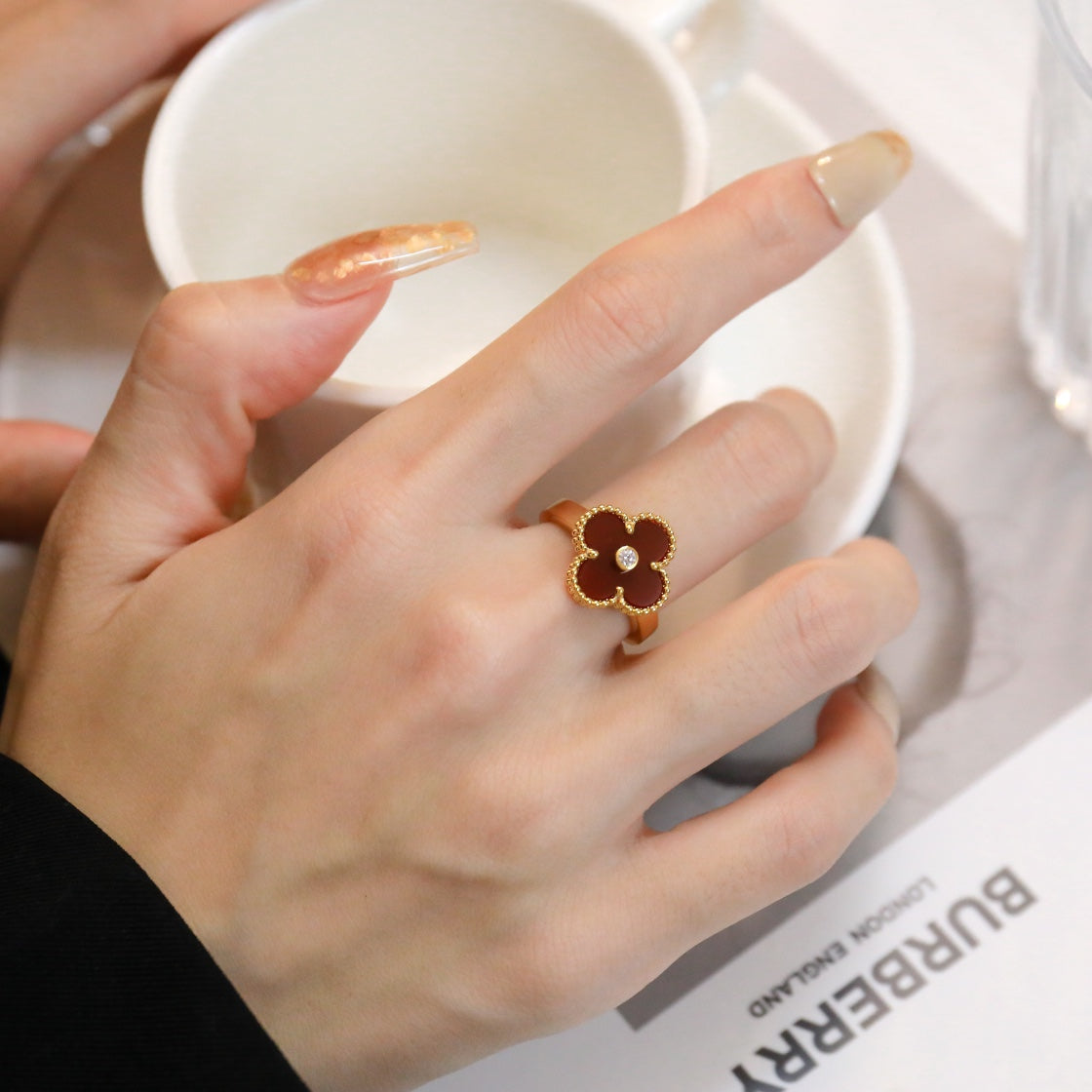 [ELAN LUXE]CLOVER CARNELIAN RING ROSE GOLD DIAMOND