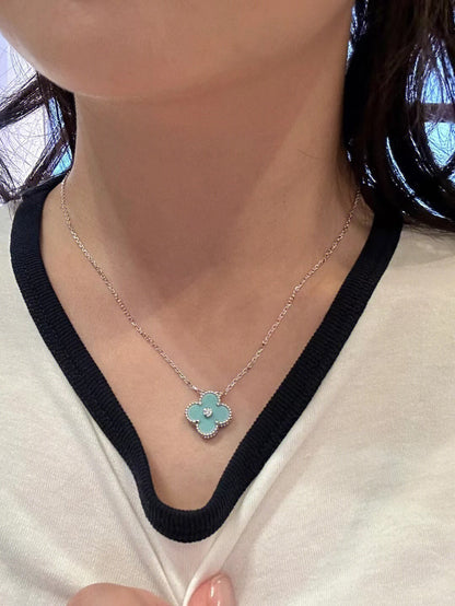 [ELAN LUXE]CLOVER 1 DIAMOND LIGHT BLUE SILVER NECKLACE