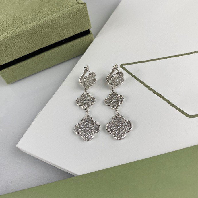 [ELAN LUXE]CLOVER 3 MOTIF DIAMOND SILVER DROP EARRINGS
