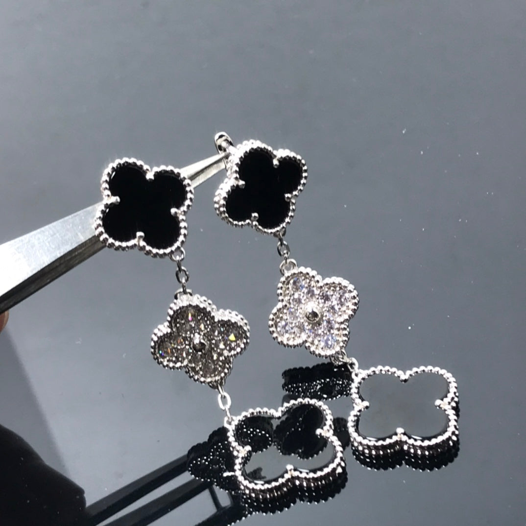 [ELAN LUXE]CLOVER 3 MOTIF DIAMOND ONYX SILVER EARRINGS