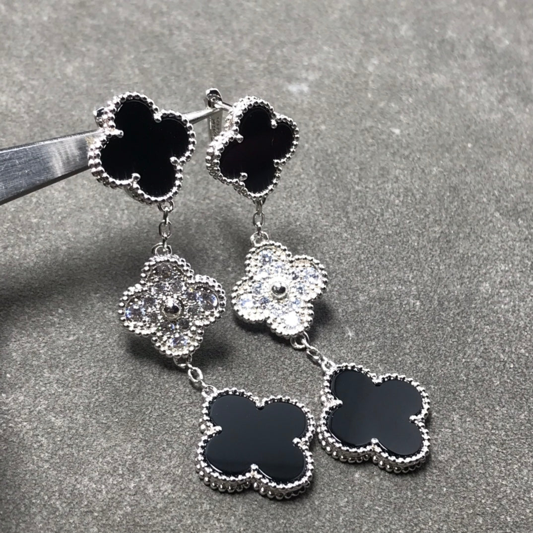 [ELAN LUXE]CLOVER 3 MOTIF DIAMOND ONYX SILVER EARRINGS