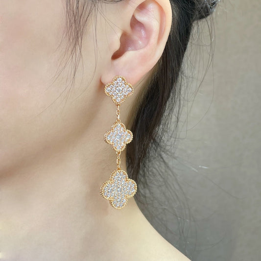[ELAN LUXE]CLOVER 3 MOTIFS DIAMOND PAVED ROSE GOLD EARRINGS