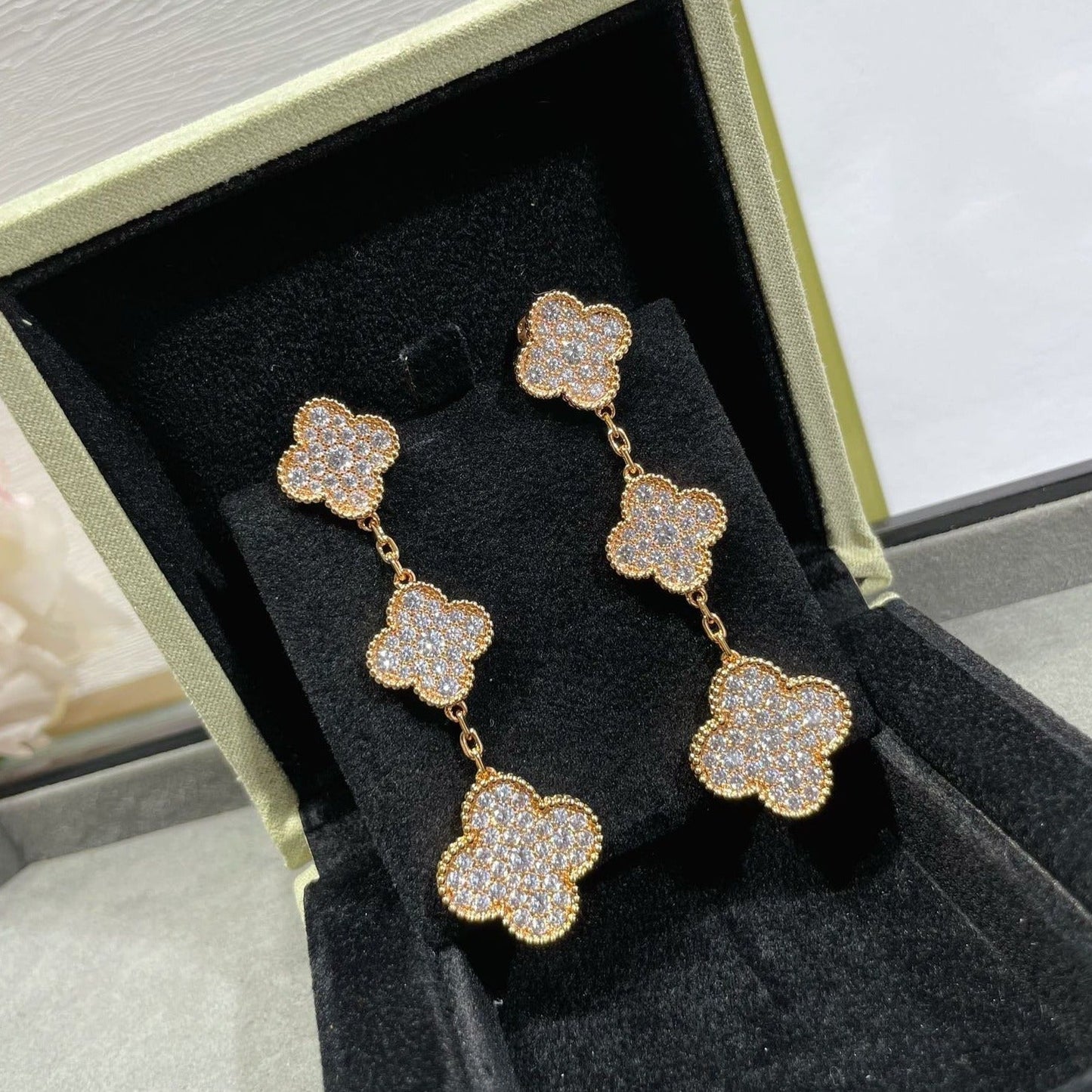 [ELAN LUXE]CLOVER 3 MOTIFS DIAMOND PAVED ROSE GOLD EARRINGS