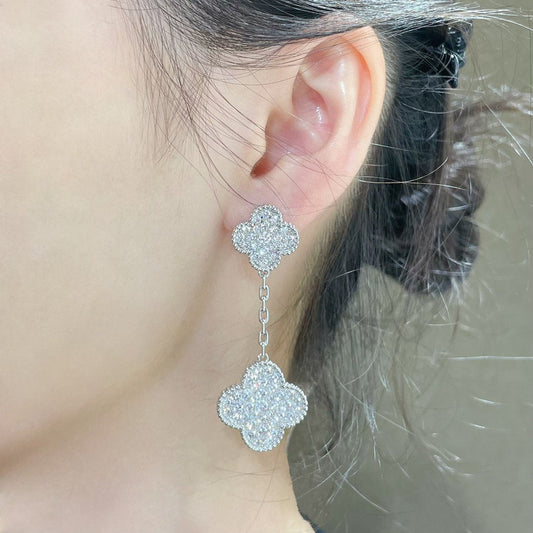 [ELAN LUXE]CLOVER 2 MOTIFS DIAMOND PAVED SILVER EARRINGS