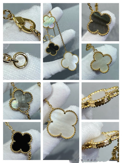 [ELAN LUXE]CLOVER 6 MOTIF MOP ONYX GOLD NECKLACE