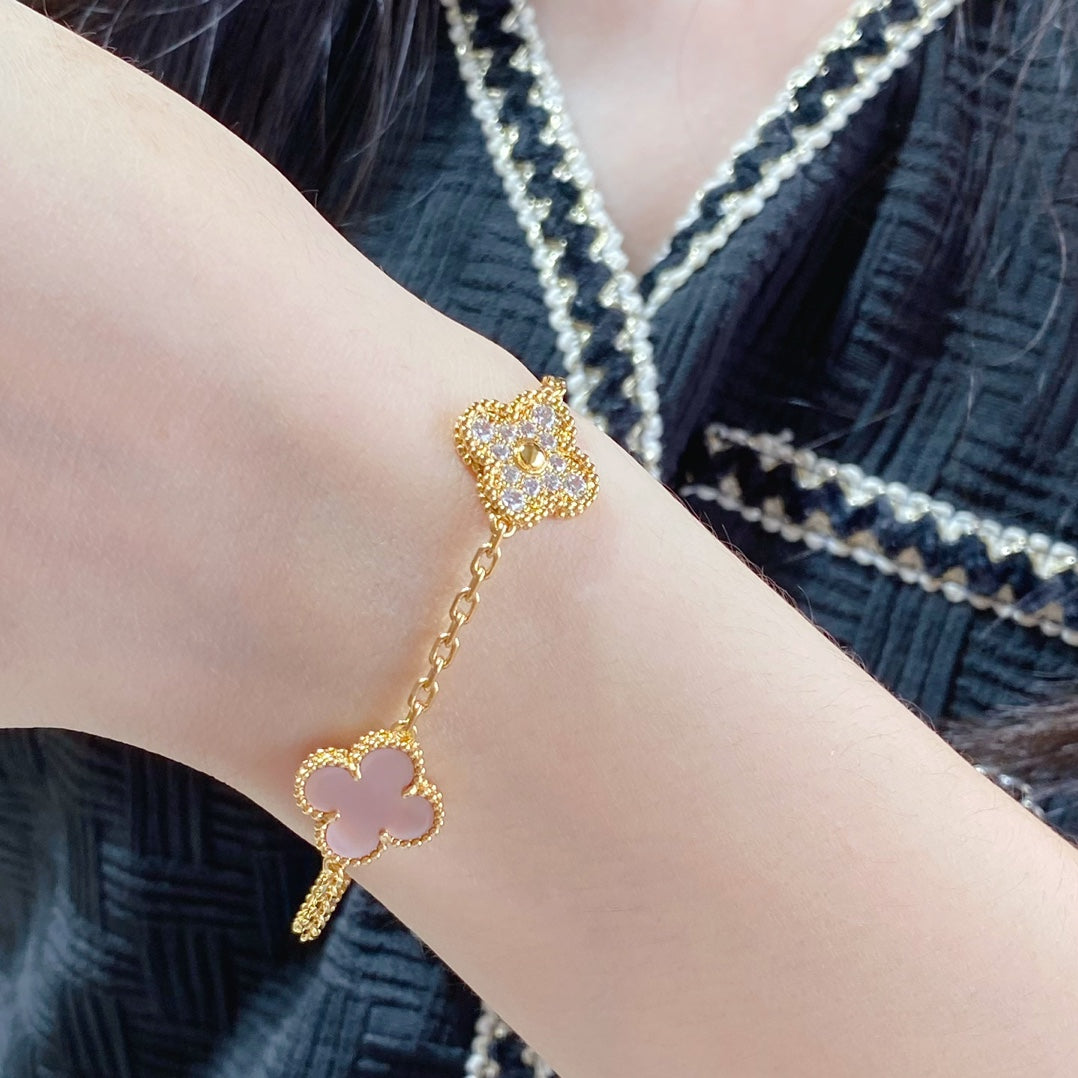[ELAN LUXE]CLOVER 5 MOTIF DIAMOND PINK MOP PINK GOLD BRACELET