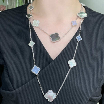 [ELAN LUXE]CLOVER 16 MOTIF CHALCEDONY MOP SILVER NECKLACE