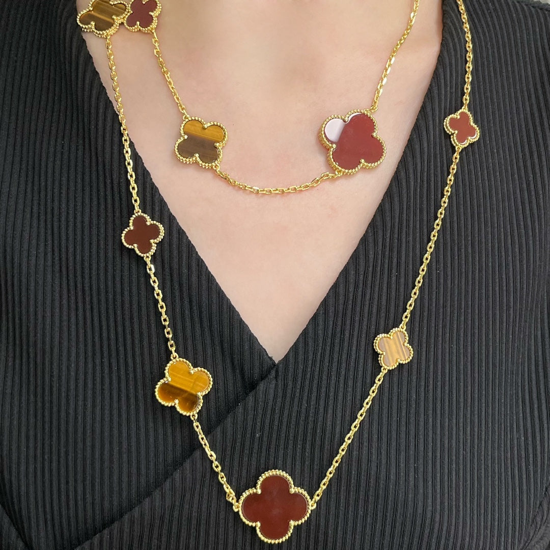 [ELAN LUXE]CLOVER 16 MOTIF CARNELIAN TIGER EYE ROSE GOLD NECKLACE