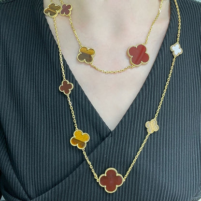 [ELAN LUXE]CLOVER 16 MOTIF CARNELIAN TIGER EYE ROSE GOLD NECKLACE