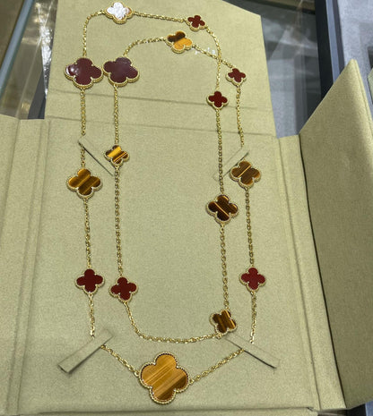 [ELAN LUXE]CLOVER 16 MOTIF CARNELIAN TIGER EYE ROSE GOLD NECKLACE