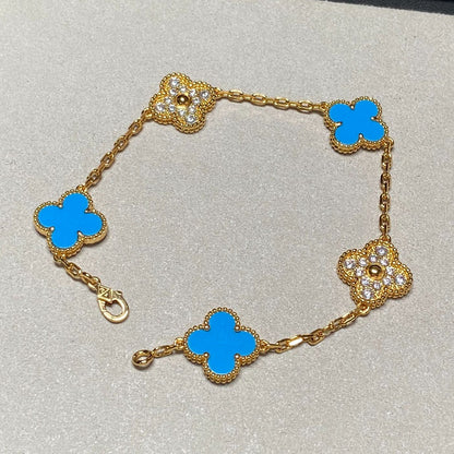 [ELAN LUXE]CLOVER 5 MOTIF BLUE CHALCEDONY DIAMOND GOLD BRACELET