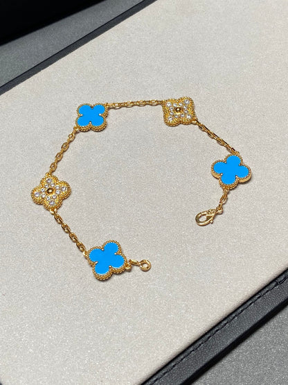 [ELAN LUXE]CLOVER 5 MOTIF BLUE CHALCEDONY DIAMOND GOLD BRACELET