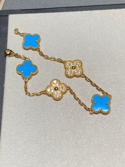 [ELAN LUXE]CLOVER 5 MOTIF BLUE CHALCEDONY DIAMOND GOLD BRACELET