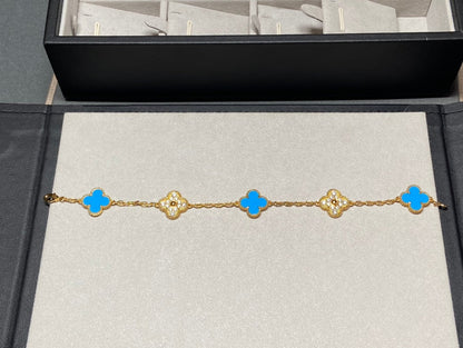 [ELAN LUXE]CLOVER 5 MOTIF BLUE CHALCEDONY DIAMOND GOLD BRACELET