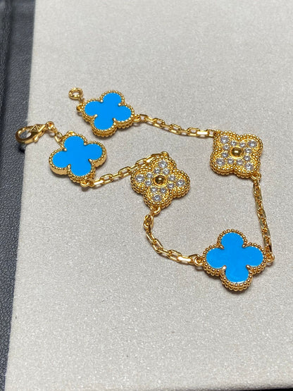 [ELAN LUXE]CLOVER 5 MOTIF BLUE CHALCEDONY DIAMOND GOLD BRACELET