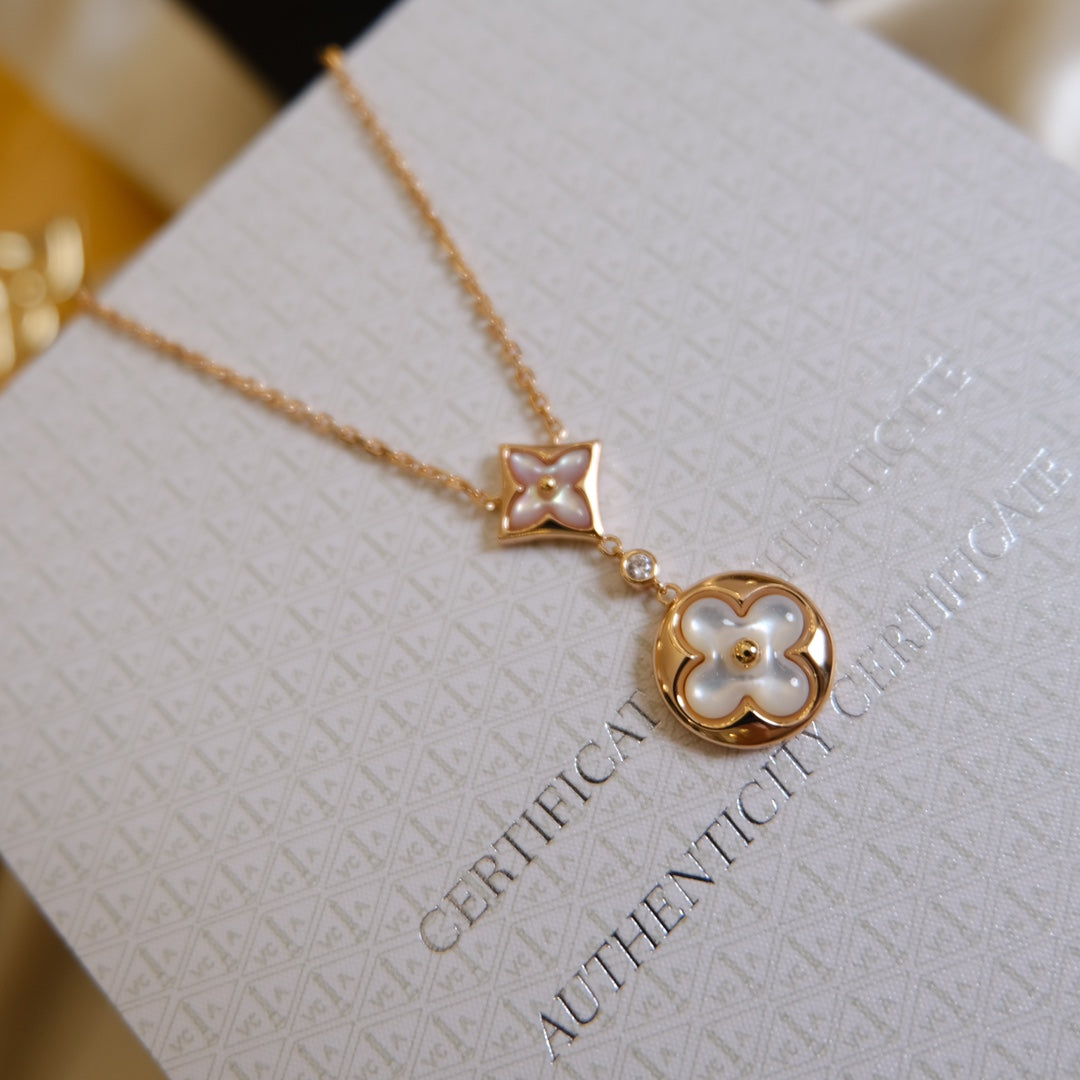 [ELAN LUXE]STAR AND SUN WHITE MOP 2 MOTIF PINK GOLD NECKLACE