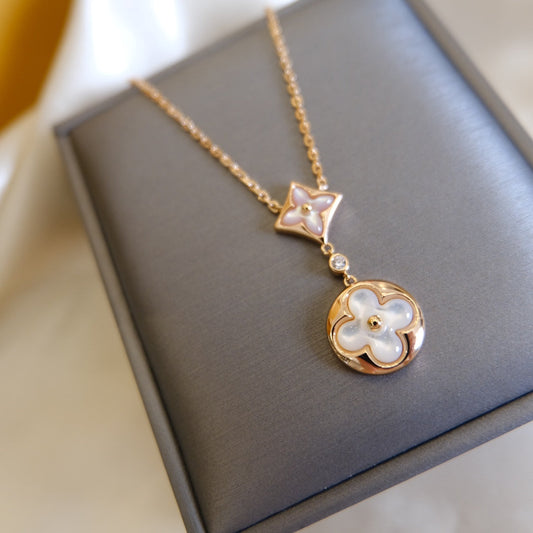 [ELAN LUXE]STAR AND SUN WHITE MOP 2 MOTIF PINK GOLD NECKLACE