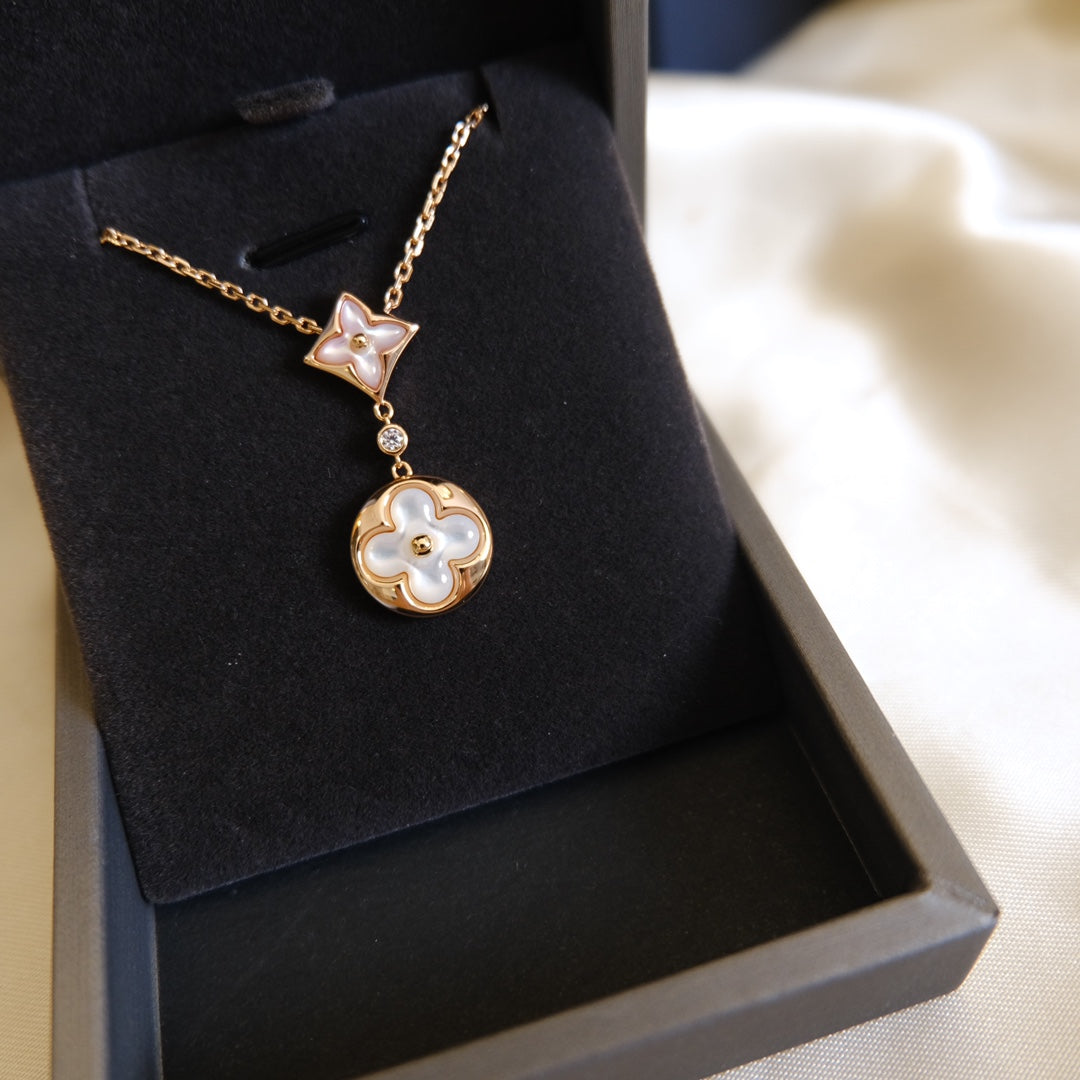 [ELAN LUXE]STAR AND SUN WHITE MOP 2 MOTIF PINK GOLD NECKLACE