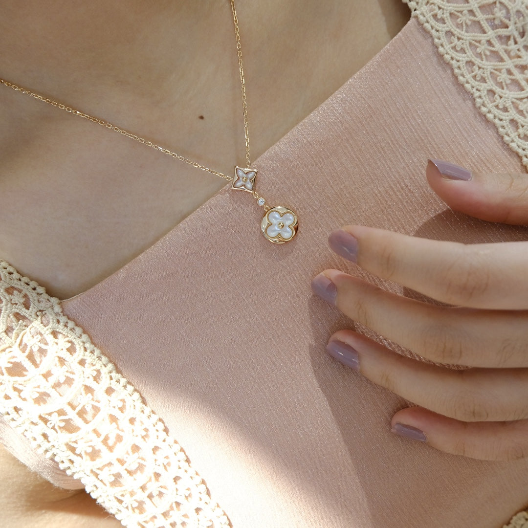 [ELAN LUXE]STAR AND SUN WHITE MOP 2 MOTIF PINK GOLD NECKLACE